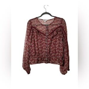 American Eagle Sheer Floral Blouse Large Burgundy Long Sleeve Boho Peasant Top
